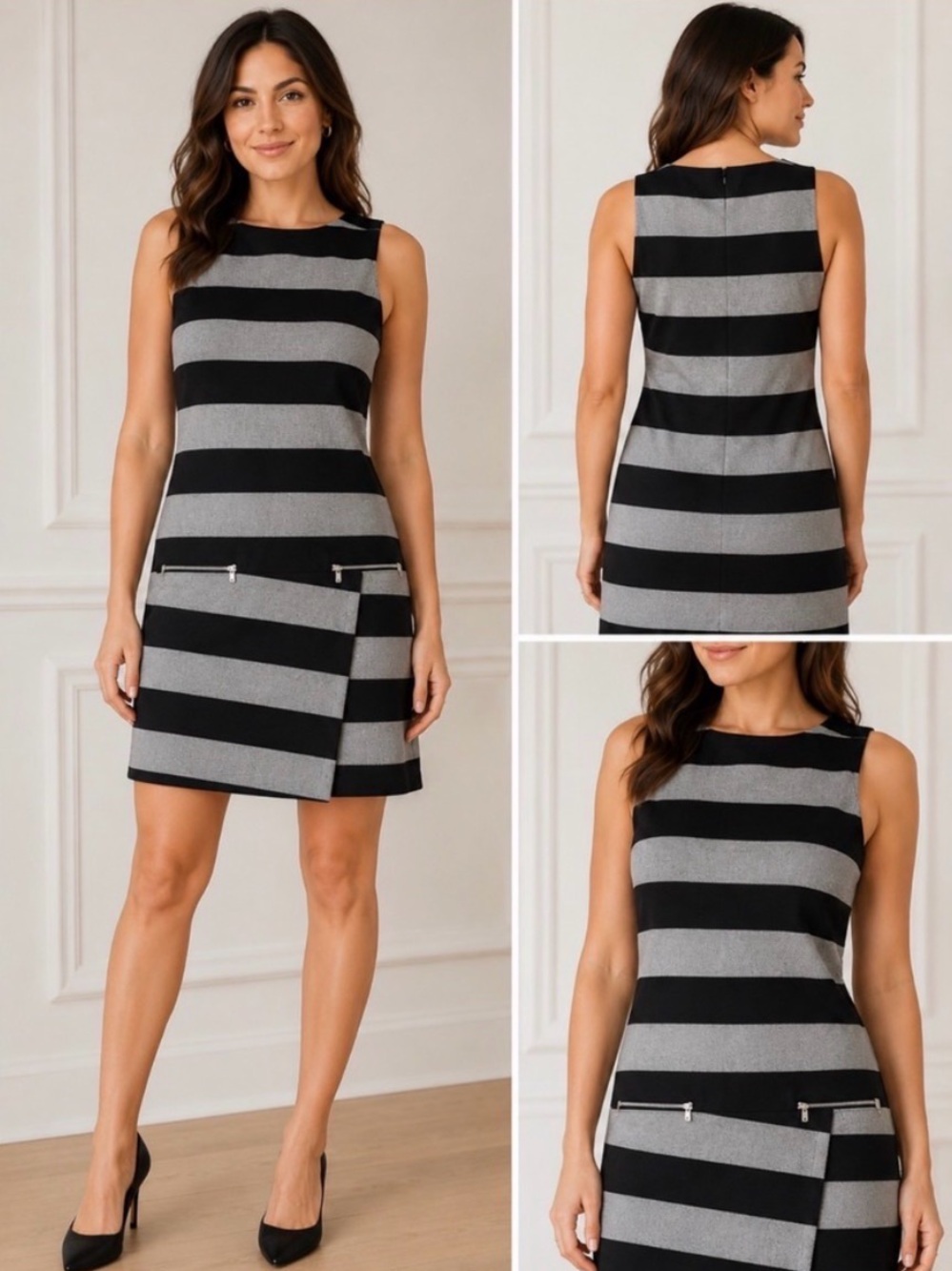 Banana Republic Size 4 Black Gray Stripe Zip Pocket Shift Dress